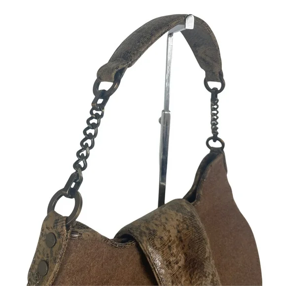 Worth Patent Leather Snakeskin Print Foldover Button Top Handle Fabric Wool Bag - Picture 2 of 12